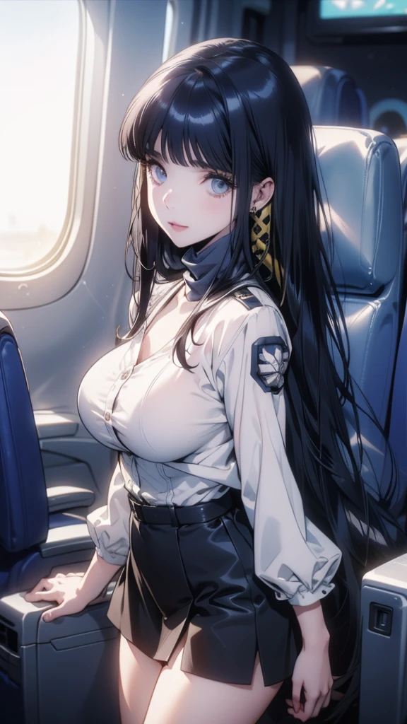 1female,35yo,a mature,plumy,extremely large bosom, solo,(Background with:aerodrome,Planes,snow mountains,at winter season,Snow on the ground,exteriors,) She has long black hair,Stand on the plane,,seen from the front, hair straight, mostly cloudy sky,(((masterpiece),(Very detailed CG unity 8K wallpaper),best quality,cinematic lighting,detailed back ground,beatiful detailed eyes,Bright pupils,blue eyes,(Very fine and beautiful),(Beautiful and detailed eye description),ultra - detailed,masterpiece,)),facing at camera,A high resolution,ultra - detailed),revealing breasts,Bare genitals,areolas Bulge,legs are open,Raised sexy,Camel toes,Flushed complexion,sad,Desire for dissatisfaction,frontage,us airforce,Officer's cap(Wearing:transparent officer uniform, lingerie, glasses, nsfw, v-shape, ornament, blushing ass