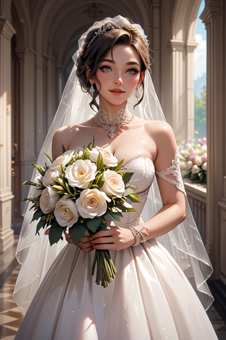 White wedding dress real person upper body white skin superb front off-the-shoulder