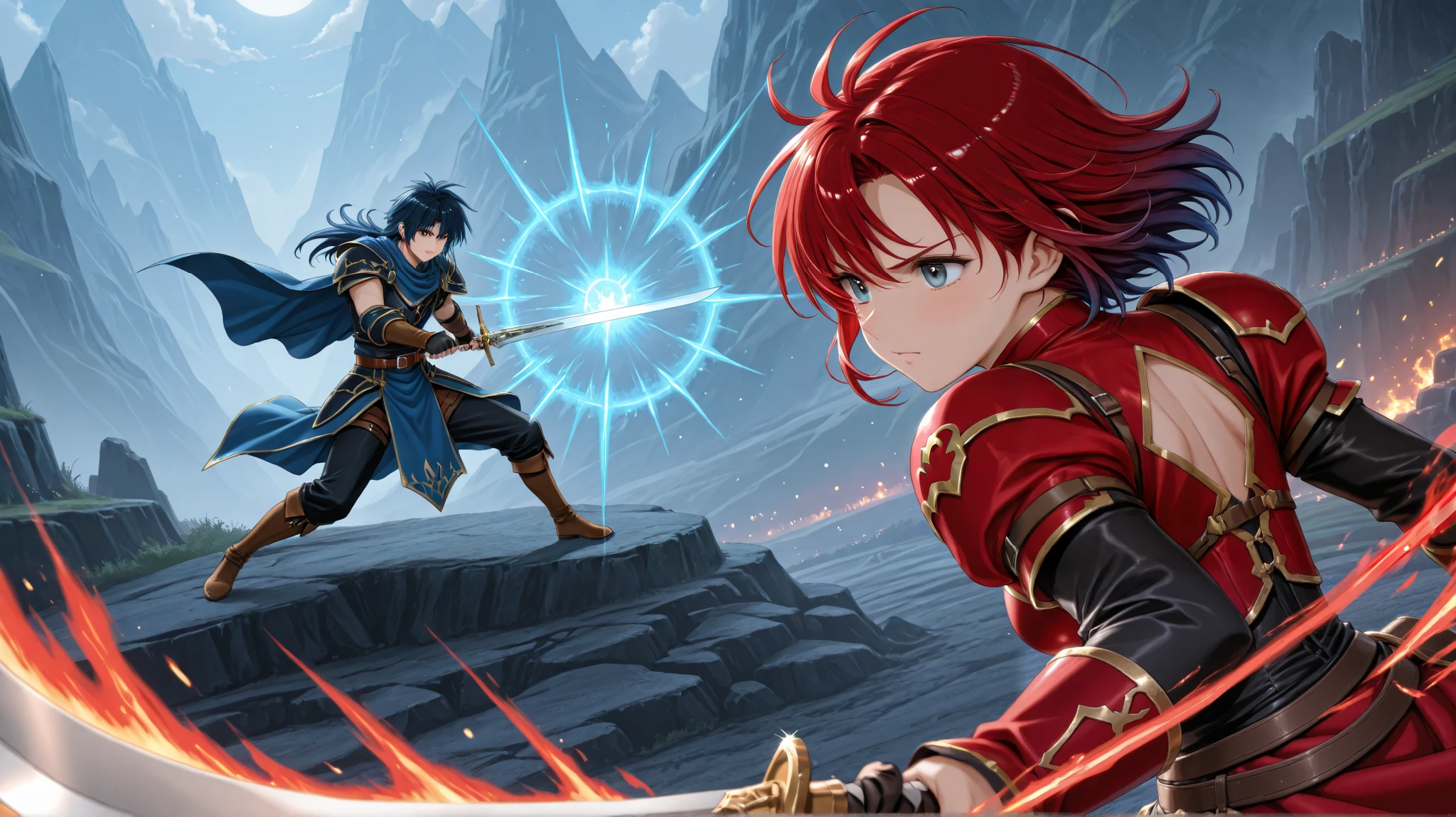 Fantasy。A brave man with a sword。 Suetsu。 Witch。Mountain。black hair。 Gold。Wizards。 Hair。Blue Hair。 red hair 。Fight the enemy