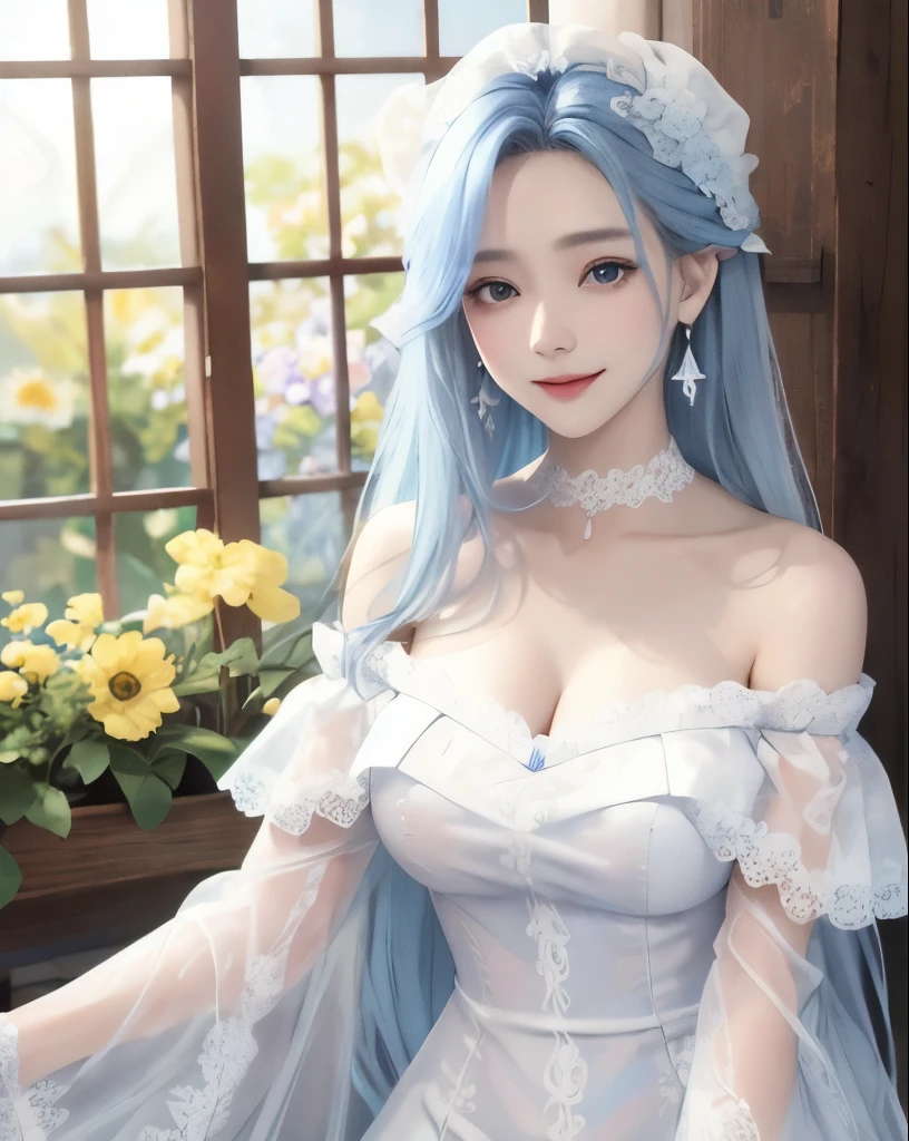 "tmasterpiece, extreme hight detail, Best quality, 超高分辨率, solo person, blue color eyes, Long horns, long hair flowing, dynamic angle, Beautiful face, Charming smile, Dress without shoulder straps, Natural relaxation posture, Wild light, Early morning view, Natural brightness, Pastel tones",
