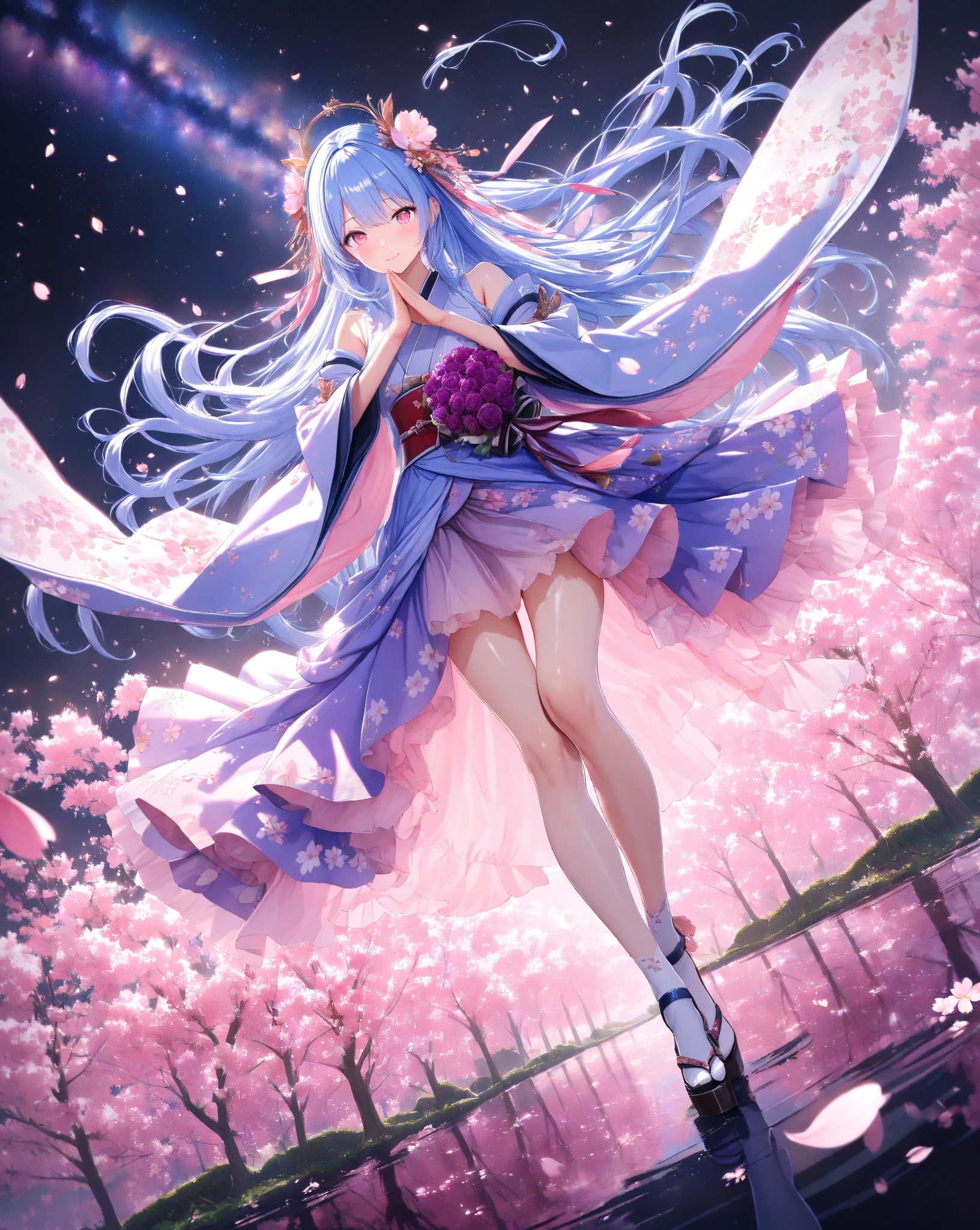 quality:masterpiece,best quality,ultra-detailed,32k,detailed background,
theme:BREAK,(A 20-year-old woman in a breathtakingly elegant kimono that shines in the blue light of the lights):1.3,perfect proportions,detailed skin texture,deep yet somewhat sad smile,Breathtakingly detailed facial features,vivid eyes that feel like being sucked in, delicate and moisturized lips ,
Each finger is rendered in detail,(Shiny blue hair):1.1,Smooth texture like silk,Flowing in the wind,Natural shadows and highlights,Natural and graceful hand pose,Hands based on realistic human anatomy,transparent fingertips that make you feel like you're being sucked in,Clearly defined joints,Detailed expression of the fingers,
Smooth and curvaceous body lines,Translucent and moisturized skin,Graceful knee lines,Natural and beautiful leg lines,
Delicate body contours,Natural wrinkles and shadows in the clothes,Shiny fabric texture,Beautiful, smooth draping,(Poses looking up at cherry blossoms):1.3,
costume:BREAK,(Light purple kimono with long flowing sleeves):1.3,(kimono with smooth drapes made of shiny silk):1.2,Realistic Fabric, intricate details,detailed folds,Pastel Pink Obi,Crimson Belt,Cherry Blossom Patterned Sack Belt,Adorable sandals with intricate patterns decorated with gold thread and silver thread,beautiful floral hair ornament,Are you wearing sakura-patterned socks,
Style:BREAK,photorealistic,3D rendering,cinematic lighting,volumetric lighting,ray tracing,depth of field,cinematic shot,pastel,translucent,
background:BREAK,(The weeping cherry blossoms in full bloom at night are illuminated in the foreground):1.3, (Weeping cherry blossoms in full bloom at night are illuminated in front of the Milky Way where countless stars shine in the back):1.4,,(backgroundに広がる漆黒の夜空と煌めく星々):1.4,,(and weeping cherry blossoms in full bloom are illuminated):1.3,(cherry blossom petals dance):1.3,( cherry blossom petals scattered on the ground ):1.2,(Sparkling stars spreading in the night sky々):1.4,(The dark night sky spreads as far as the eye can see):1.3,volumetric lighting,幻想的なbackground,
