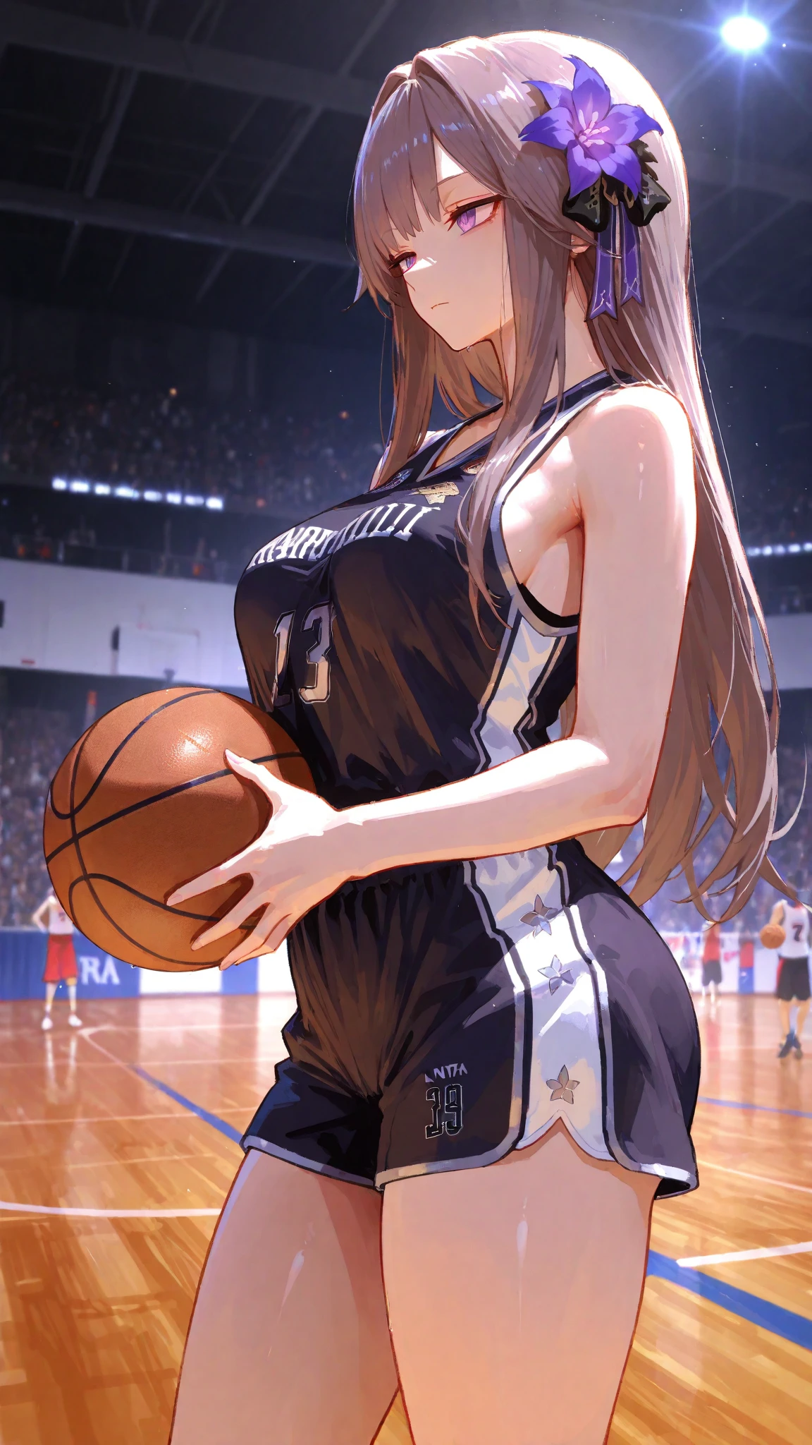 anime, beautiful face, highly detailed face, 2 accurate legs, pink detailed eyes, highly detailed background, perfect lighting, accurate arms, accurate hands, accurate fingers, blonde hair, full body, 1girl, solo, ruby hoshino, oshi no ko, outdoors absurdres, high res, ultrasharp, 8K, masterpiece, looking at the opponent, (full body:1.4), teasing smile, basketball t-shirt, tight sport shorts, playing basket ball against someone, cleavage, on a basketball pitch, running towards viewer, basketball