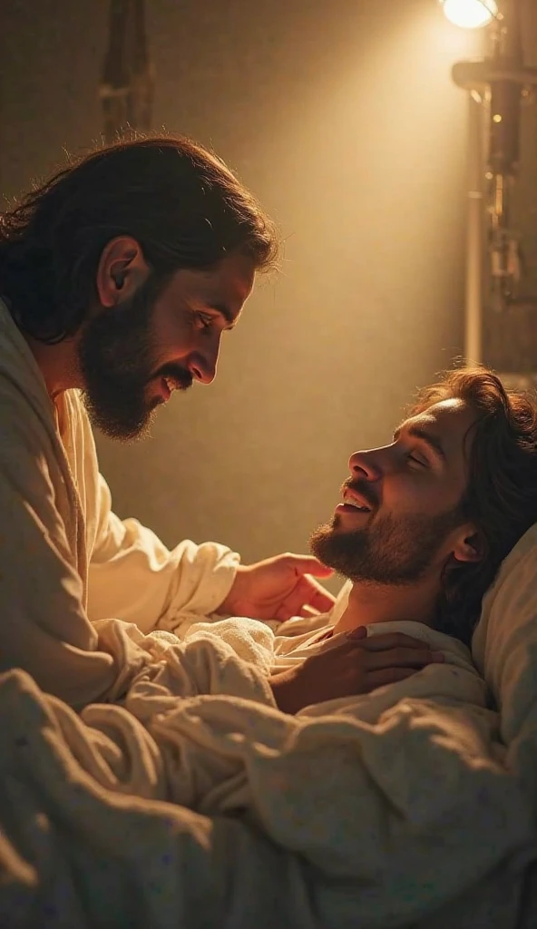 I want an image of a young sick man with Jesus hugging him, both looking at the door of an operating room.