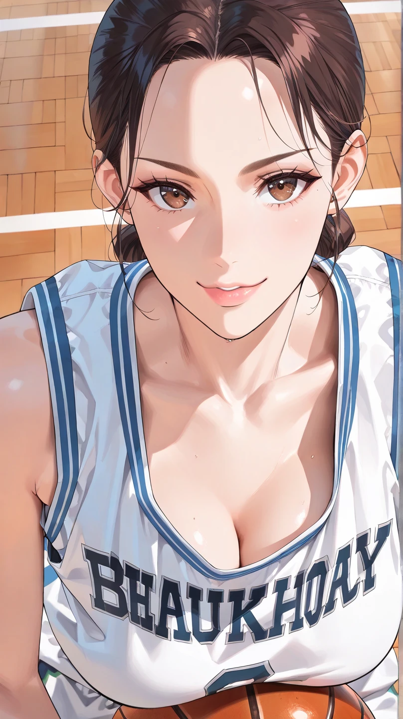 ((Masterpiece, top quality, high resolution)), ((highly detailed CG unified 8K wallpaper)), (huge stunning goddess shot, very hot and sexy, jaw-dropping beauty, perfect proportions, beautiful body, slim body beauty:1.3), Women's basketball player makes a powerful dunk shot, Game-Winning Dunk,