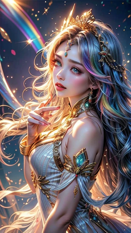This is a highly detailed and semi-realistic fantasy art image with beautiful layers of shimmer, glimmering silks, and a glittering aesthetic. Create a beautiful and bold dragon woman. The woman resembles Christina Aguilera. She should have intricate and elegant horns, detailed and multi-colored scales, and a striking face. Her eyes are highly detailed with natural shading and realistic details. Include small and ornate details like smaller dragons and bright feathers. Use soft pastel hues with unexpected pops of bright color. Use compelling composition techniques and fantasy lighting to create a cinematic and unforgettable atmosphere. (((masterpiece))), (((best quality))), ((ultra-detailed)), (highly detailed CG illustration)