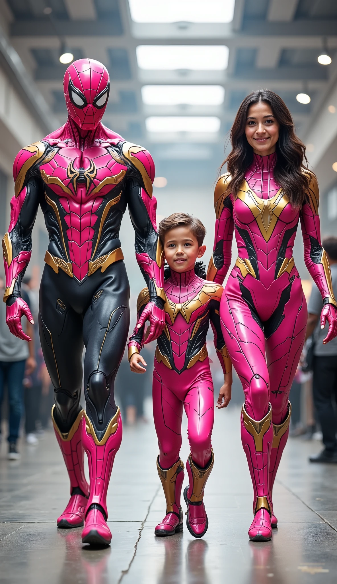 character: 1 man with mask full head, 1 boy, and ung women.
action: Walk straight and look straight ahead.
Expression : smiling.
Costume : they Wearing futuristic pink Spiderman body suit with gold armor.
Background : A bright indoor public space , with people vaguely seen in the distance, shows that this picture was taken at a fun event or get-together, maybe a convention or costume . They radiate happiness as they walk confidently in their superhero costumes. Show the whole body.