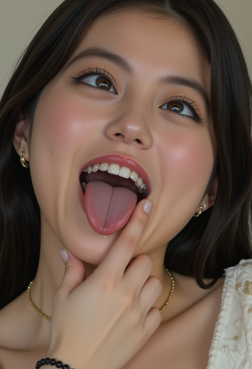 Japanese woman, beautiful girl, baby face, highest quality realistic skin, eyes in focus, 20 years old, sticking out tongue, focus on mouth, open mouth, long tongue, saliva, open mouth wide, inside of mouth visible, open mouth and sticking out tongue, realistic tongue