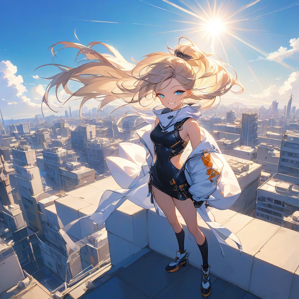 Outside, beautiful day, partly cloudy, skinny girl, pale skin, small breasts, short messy blonde hair, tight white sports bra with rose gold trim, tinywhite thong with rose gold trim, white cape with rose gold trim, white stockings, white boots, , standing on a rooftop, a big smile on her face, city skyline in background