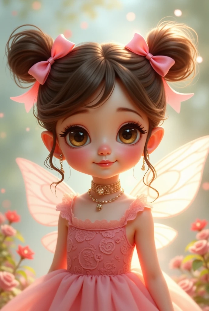 Brown eyed baby, thin dark hair, medium fair skin, wearing pink princess dress with butterfly details, Pixar-style, one year old, with butterfly wings