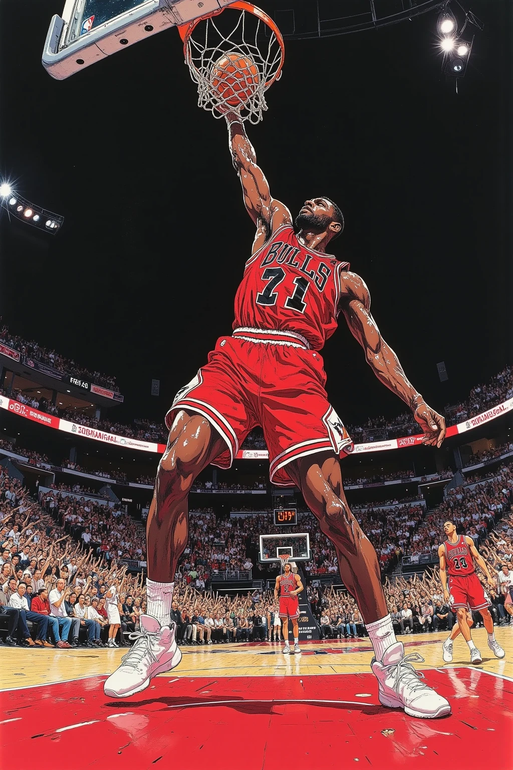 Captured from a low angle with a fisheye lens、tall to determine slam dunk Muscular male African basketball player,are placed on the ground,is holding a basketball in one hand in the air and stretching his arms towards the goal(preliminary movements for dunk shots), is the uniform (Chicago Bulls)red、white、Black and vivid,Dynamic,realistic wrinkles and movements are clearly written,background is brightly illuminated indoor basketball court,audience cheering,dramatic scene,Strong lighting,cameras that highlight players' muscles and sweat,add motion blur that emphasizes speed of movement, Anime Style ,japanese modern anime,strong lines and vivid colors, Characteristic depiction