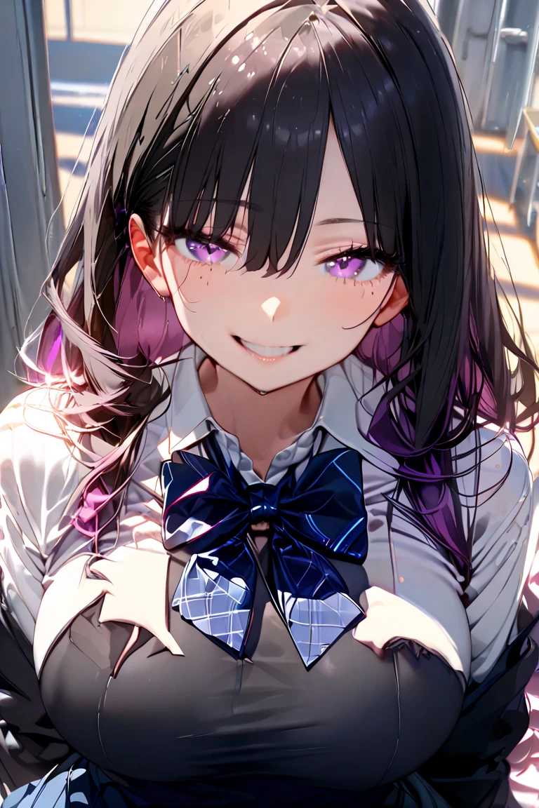 ((highest quality, masterpiece, ultra high definition, high resolution)), ((ultra-detailed illustrations:1.2)), 1 girl, solo, anime style, beautiful hair, parted bangs, loose hair, long hair, black hair, dark purple hair, multi colored hair, beautiful detailed eyes, beautiful detailed pupils, violet eyes, looking at viewer, pointed ears, smile, mid-chest, white shirt, collared shirt, short sleeves, black mini skirt, pantyhose, shiny skin, shiny, indoor, office