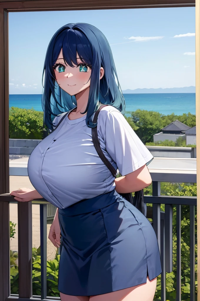 A beautiful girl tenderness happy beautiful big breast light turquoise hair round cut her blue eye wears white top yellow lace thread shows navel and her navy blue Hawaiian skirt flip flops feet