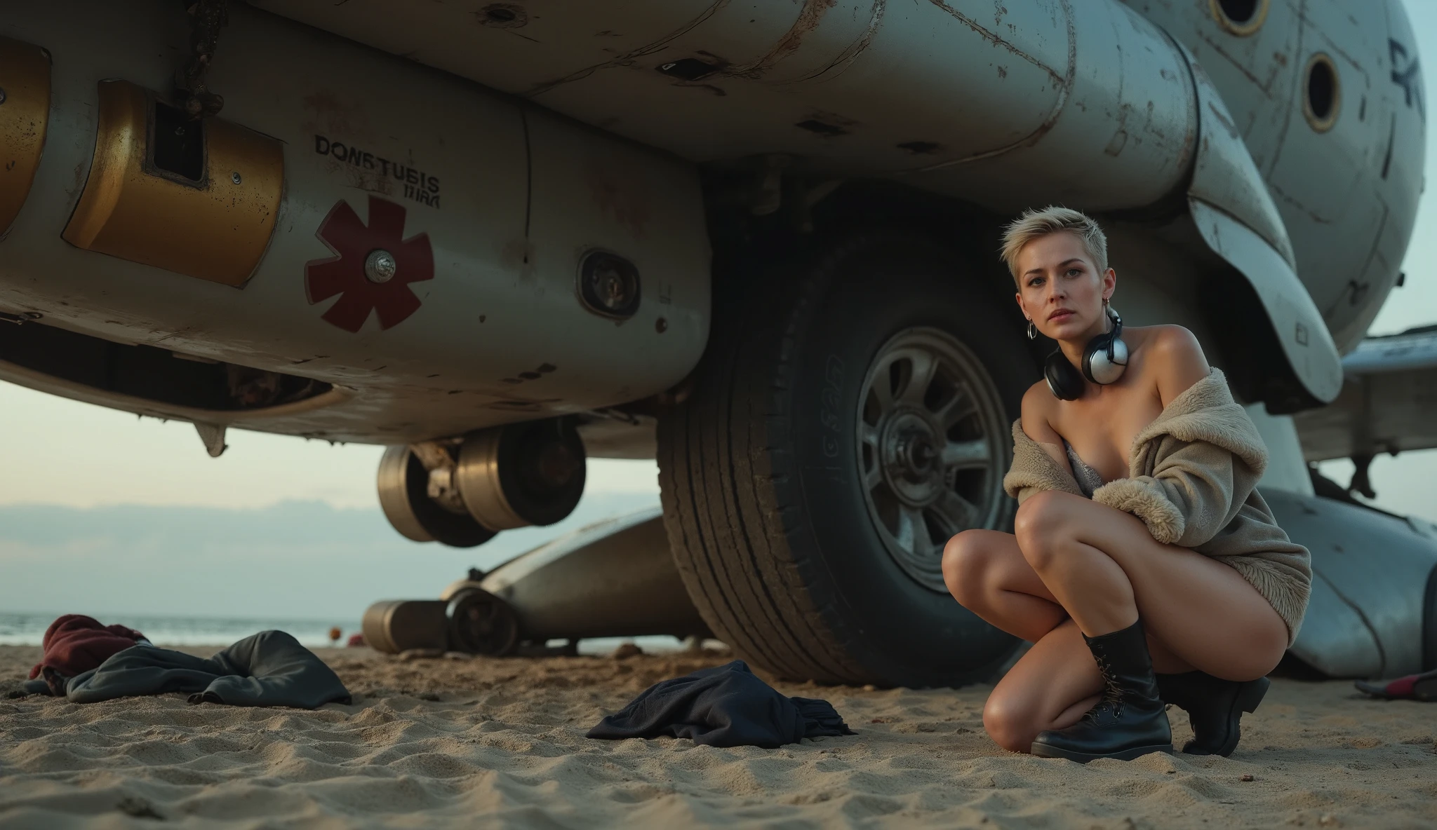 The cinematography style of Steve McCurry. Shot at twilight, An extreme closeup of A tall, very thin, skinny adult female nordic woman with medium sized breasts and soft, asymmetrical , short blonde hair. she is kneeling on one knee next to the massively tall tire of A gigantic diesel-punk flying machine that has crashed on a beach. She is underneath the wing of the aircraft moving a pile of clothes and luggage scattered on the sand around her. she turns upper body to look back at the camera. Her expression is Subdued Hopelessness: Shoulders slumped slightly, eyes unfocused, lips parted slightly with a downward curve, and an overall air of exhaustion. she wears oversized headphones around her neck. She wears a diesel-punk outfit consisting of a large fur-lined bomber jacket open to reveal her bare skin. she wears a small rag around her waist showing her bare legs and black Dock Marten's boots. The aircraft has a rugged, industrial design, built from a combination of riveted steel plates and polished brass. It is adorned with retro-futuristic insignias, rusted patches, and detailed engravings of gears and cogs. Ultra-detailed textures. UHD 8K resolution, photorealistic quality. visible film grain| --ar 2.39:1 The camera angle is from below with the woman and the giant aircraft tire filling most of the frame.
