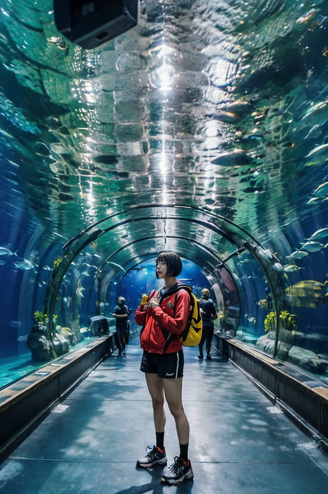 (young Japanese woman, 166 centimeters、44 kilograms 、)(beautiful, glossy black hair、shortcuts for white doors、Bowl cut hair、Beautiful, smooth, and fine white skin)、((3 meters tall、Everything but the floor stands in the center of an underwater corridor made of thick glass sheets))、((The underwater circuit is 5 meters ahead and has a slow curve on the left hand、The only thing I can see is fish))watching the fish move on the roof diagonally above the left、face slightly raised、sex sex))thick glass panels, super high resolution,(realistic:1.3),super precise、Super Fine、super realistic、超realistic、 Overwhelming Reality 、pictures、portrait、the light from above flickers and illuminates the floor as water passes through、 deep shadow, (Highest quality, masterpiece), pale skin, dimly lit, shade, very detailed, depth of field, Film Grain, (the body is facing diagonally to the left from the viewer's side、The face is in front of the viewer), aquarium, (masterpiece,Highest quality:1.5), , Shark, light, Coral, snails, bubble, plant, dramatic lighting, fantastic beauty、((I'm wearing a baseball uniform with black stripes on a white background、In black capital letters in cursive on the left chest「M」Embroidery))、black shorts、RED NIKE SNEAKERS、black backpack with front shoulder strap、I'm holding the shoulder straps with both hands