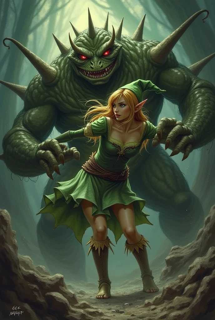 Sexy 1 adult cute elf woman, with blonde long hair, dressed shiny in medieval clothing, excited state, mouth slightly open, running towards viewer away from monster in the middle of well lit cave, erotic pose, looking at viewer. (Attacking green slimy monster in the background:1.3). photorealistic, soft light, overall detail: 1.5