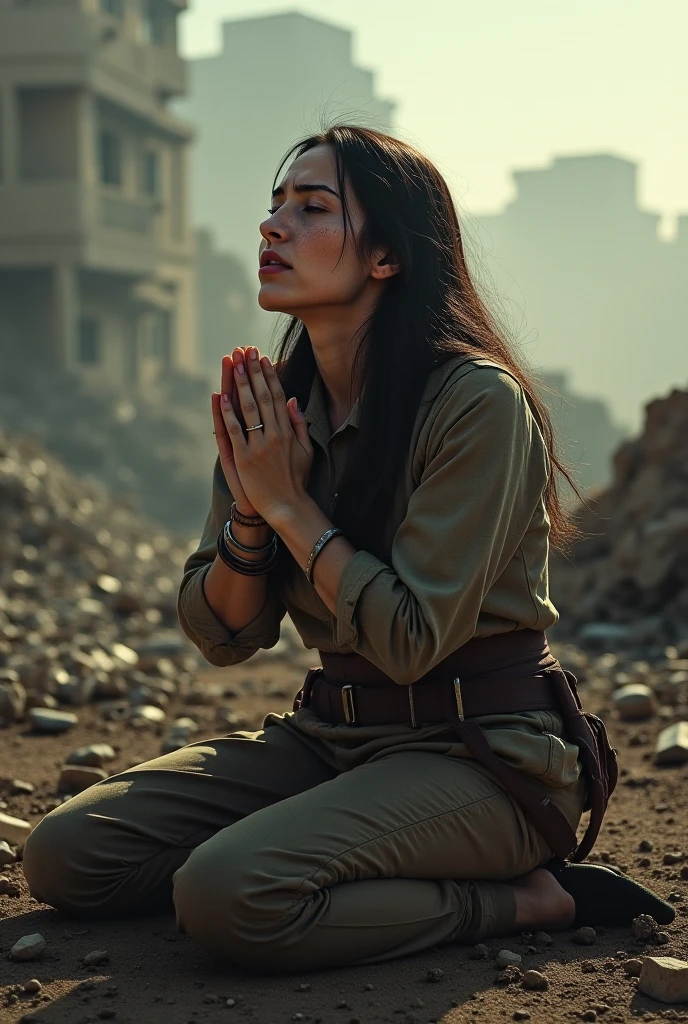(Photorealism:1.2), sexy woman soldier, A girl praying wearing a combat uniform with a cross on it. Cathedral.