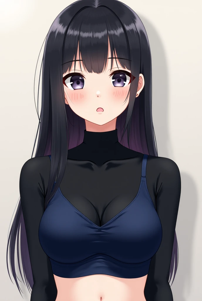 Hime cut with super long black hair,Has straight bangs and blue eyes, A girl with very large breasts, Cleavage, wears an off-the-shoulder sweater, spoken heart,