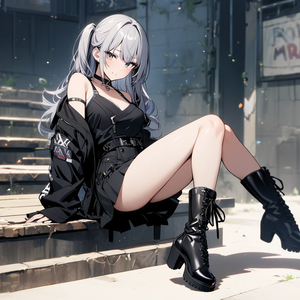 ((Highest quality)), ((masterpiece)), (detailed), 1girl, 独奏, bob cut, sliced bob, jacket, micro shorts, choker, bracelet, squatting, rain, wet, see through, expressionless, from below, ass pov