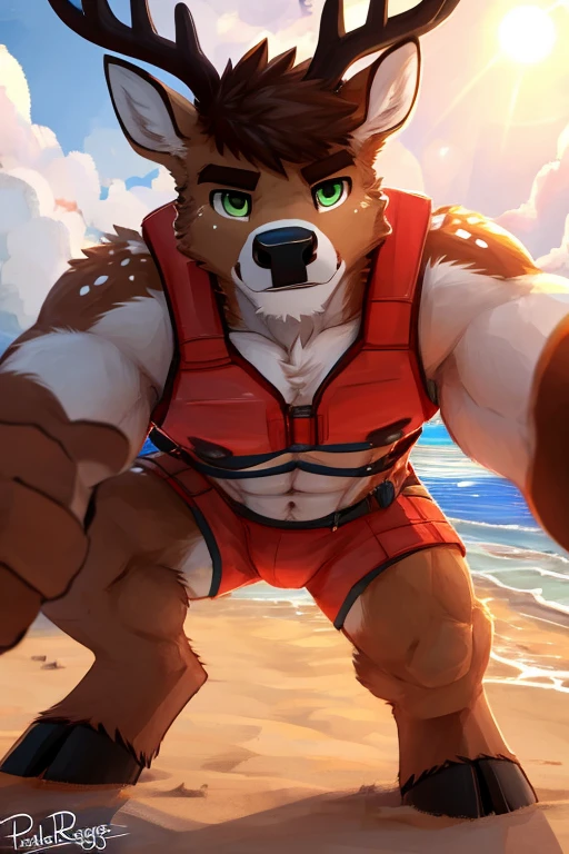 POV,top angle,sleep on stomach,lats,trapezius,butt lift,kemono, anthro (brown dog), male, (brown dog), muscular, back, red body, white belly ,sweat, ((correct anatomy)), sit on lifeguard chair, lifeguard chair, beach, perfect beach background, 1 boy, solo, wearing jockstrap, pain expression, canine tooth, hd, dark shadows, wide dynamic range, hdr, low light:1.2, front view, full body, canid, canine, canis, domesticbrown dog mammal, nordic sled brown dog, fullbody, full res, smile, lifeguard, wearing Tank top, full body, side view