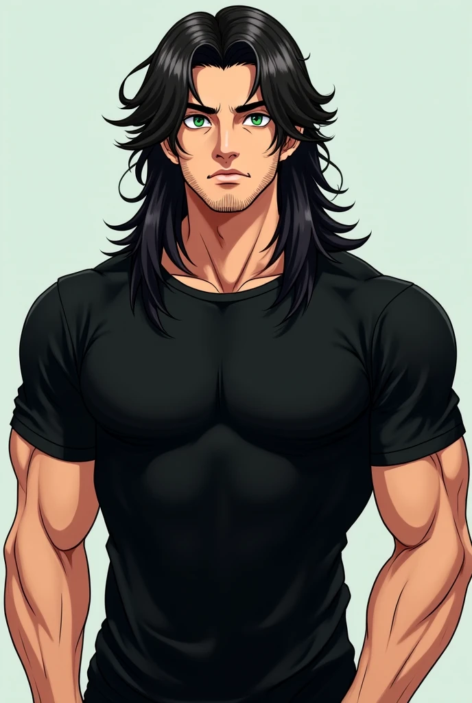 Handsome male, black hair, long hair, green eyes, ear piercings, detailed body, detailed hands, no shirt, wearing thick chest harness, black thong, arrogant look, good looking, ring on finger, big bulge in thong, tan skin, anime