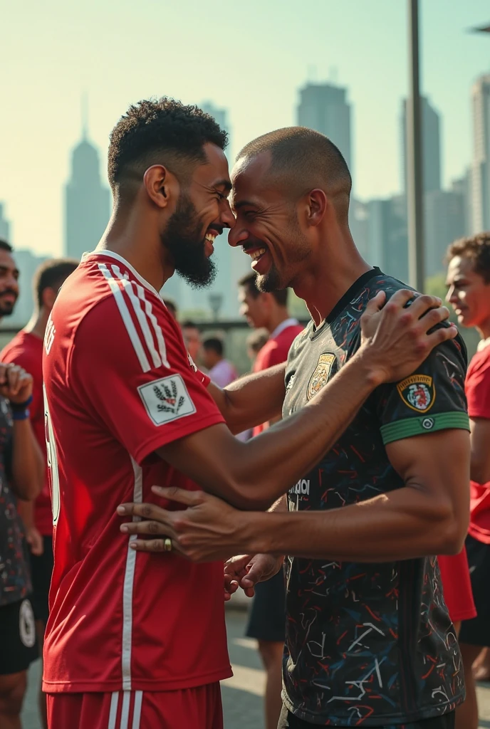 Two strong hairy Iranian football players very hairy chest hair bearded, wearing no shirt, black shorts and red socks and black cleats, hugging and one of them kissing the other on the forehead, big football stadium full of people.