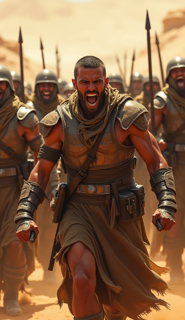 Um rei gigante de 4 metros, albino e careca de olhos negros, leads his army of Egyptian soldiers with grandeur.