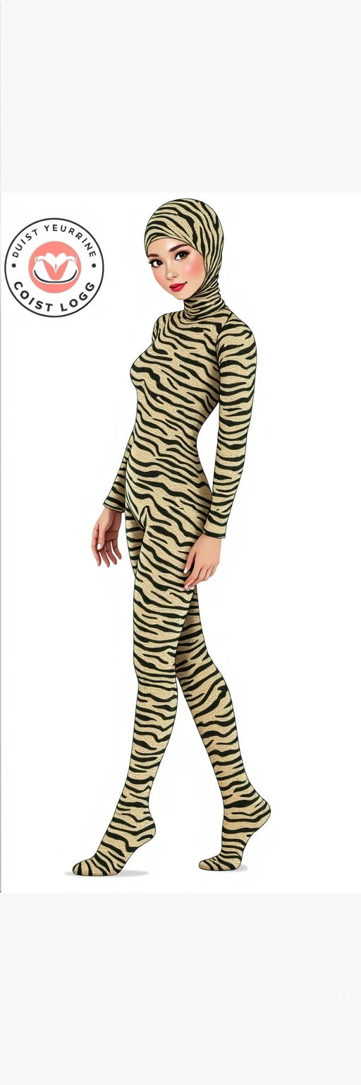 The most beautiful,most slender thin and most clever malaysian muslimah adult feamle person with beautiful cheeks wears tiger print lycra turtleneck unitard catsuit covered with stripes and always wearing tiger print lycra elastane stretchy dancewear hijab covered with stripes.She is hugging a koi fish.