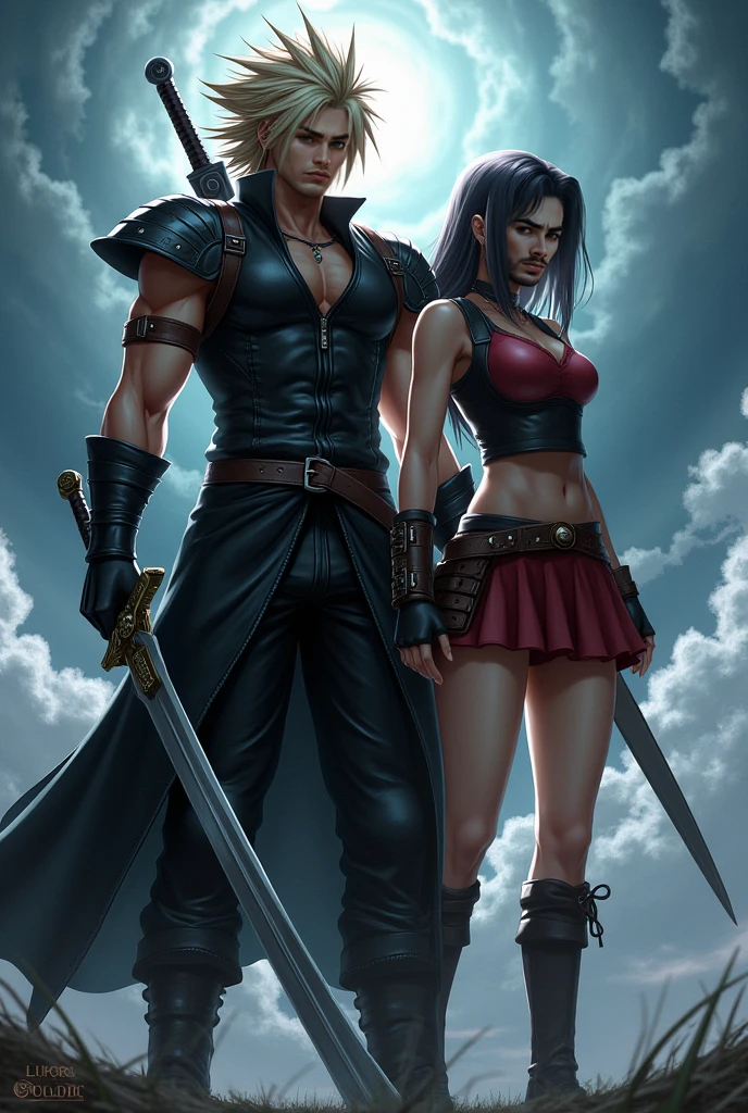 Squall Leonheart and Rinoa Heartilly, from Final Fantasy 8, as medieval paladins, with full armor and swords