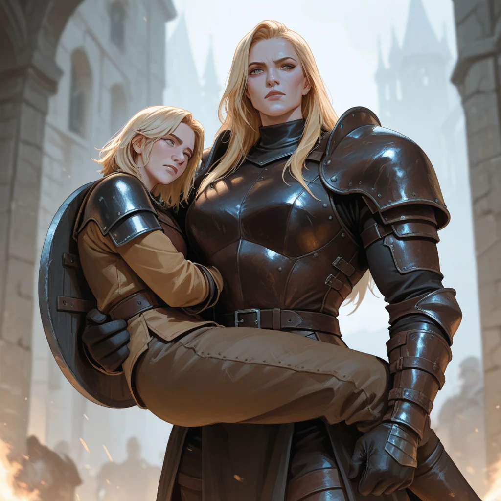 2 women, medieval rogues, lovers kiss, loving embrace, blonde and brunette, big breasts, cleavage, scar on the face, muscles, intricate leather armor, medieval streets in the background