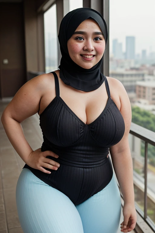Highest resolution, no blur, highest quality zoom out,realistic, full body pose in frame, sweaty,shiny, wet, standing pose, raise arms exposing armpit,busty gigantic dropy breasts,fair malay mature ,beautiful 60 years old, wearing mini string singlet, wearing hijab, spreading leg open, cummed