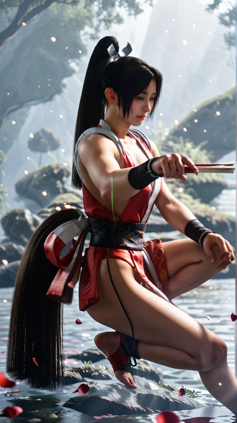 mai shiranui, (Full body portrait:1.4), Full body, (tabi:1.4), (Realism), (masutepiece:1.2), (Best Quality), (ultra-detailliert), (8K, 4K, Convoluted), (skinny), Prestige, Brown eyes, Long hair, Brown hair, White ribbon, Sleeveless, poneyTail, sash, pelvis curtain, arm guards, mitts, fascinated expression, Sexy eyes, medium breasts, Smile, Cute, view the viewer, Long hair, Close to Japan temple, (breasts focus:1.2), (Realistic:1.2), (Full Shot: 1.2), (85 mm), light Particle, Lighting, (Highly detailed:1.2), (Detailed face:1.2), (gradients), SFV, Colorful, (Detailed eyes:1.2), (Detailed temples of Japan: 1.2),(Detailed background), (Dynamic Angle:1.2), (Dynamic Pose:1.2), (Line of action:1.2), Wide Shot, Daylight, Solo.