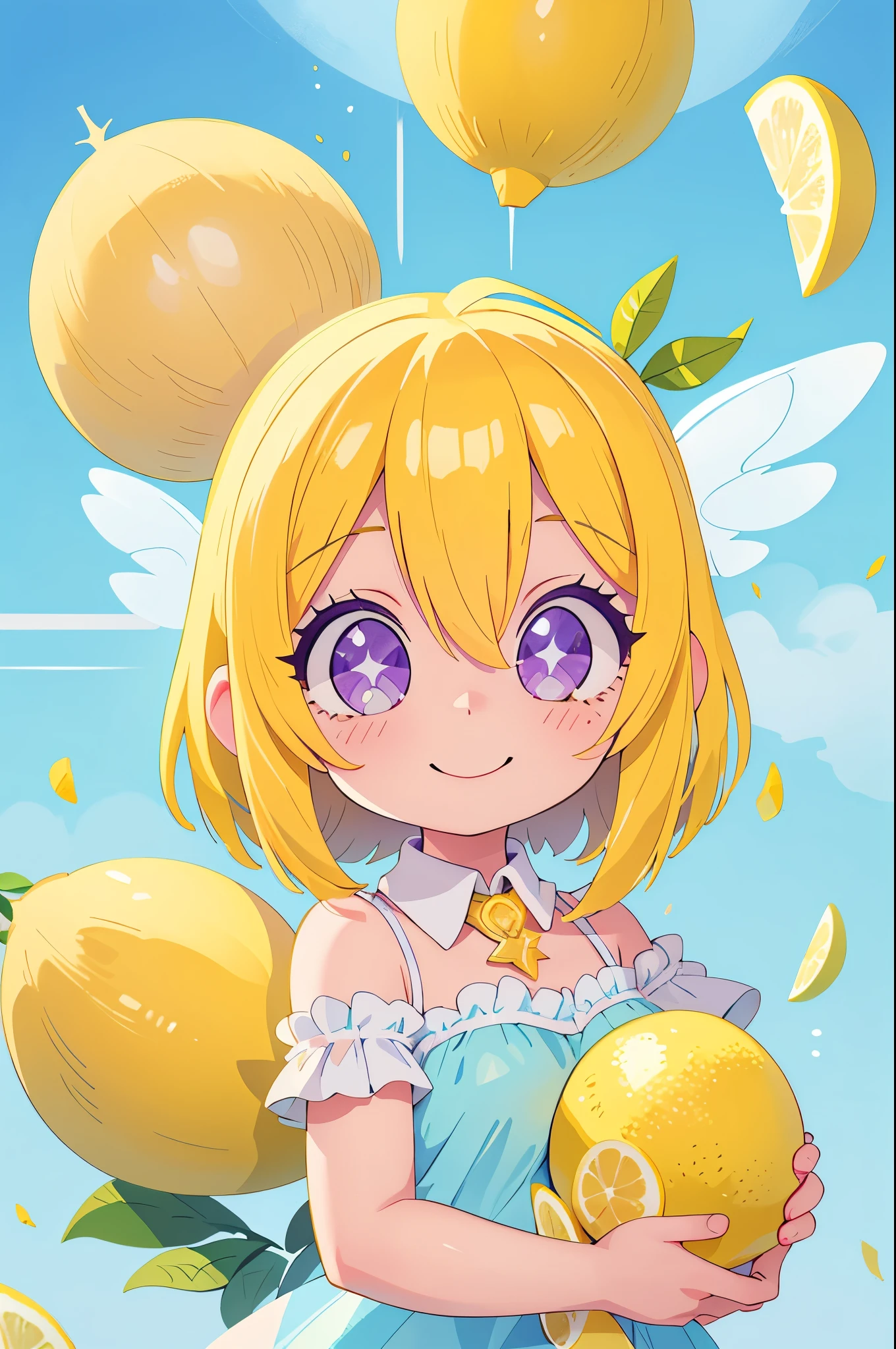 (main part, Best quality at best:1.2), Sparkling and sparking highlights in their eyes, curious expressions,1 girl, Yellow hair color, blue inner color design on collar. Angel rings. Angel. Sparkling eyes. big white hair, a purple eye, An innocent and happy smile. Sparkling highlights in their eyes, curious expressions, lemon fairy, hugging a large stuffed lemon on each arm, lemon, lemon