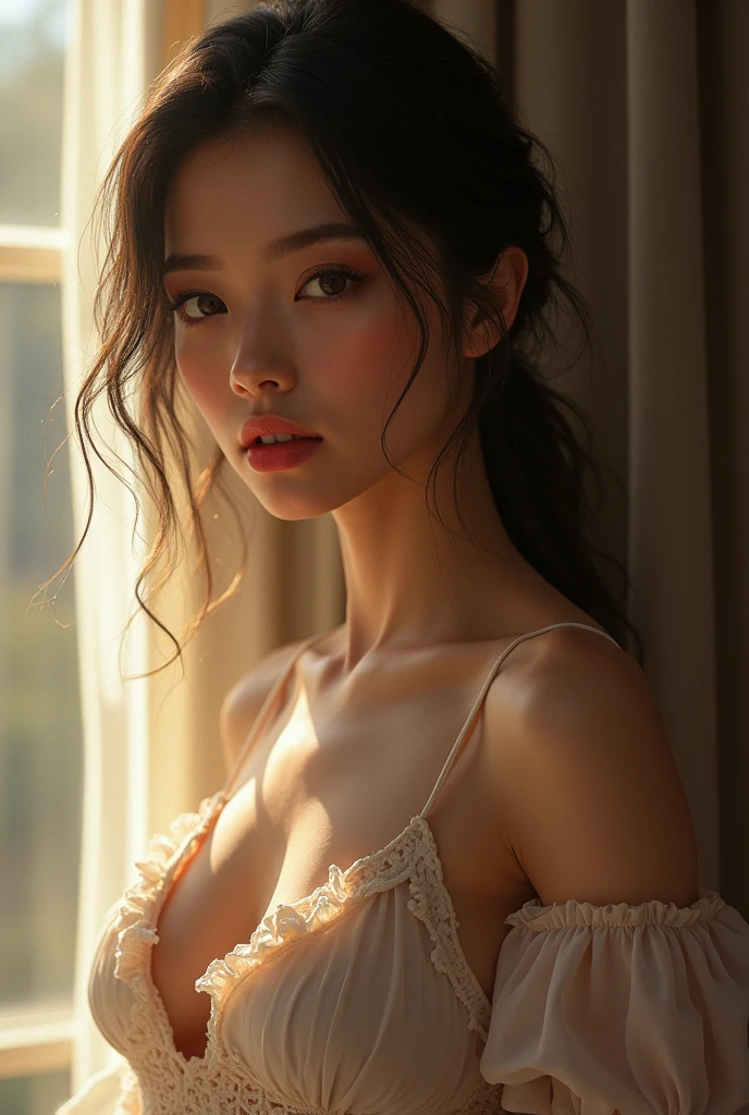 A girl with long curly hair, cinematic night scene, (best quality,4k,8k,highres,masterpiece:1.2),ultra-detailed,(realistic,photorealistic,photo-realistic:1.37),dramatic lighting,moody atmosphere,mysterious shadows,dramatic shadows,dramatic lighting,dramatic pose,intense focus,intricate details,volumetric lighting,cinematic angle,cinematic framing,chiaroscuro, lingerie, sexy