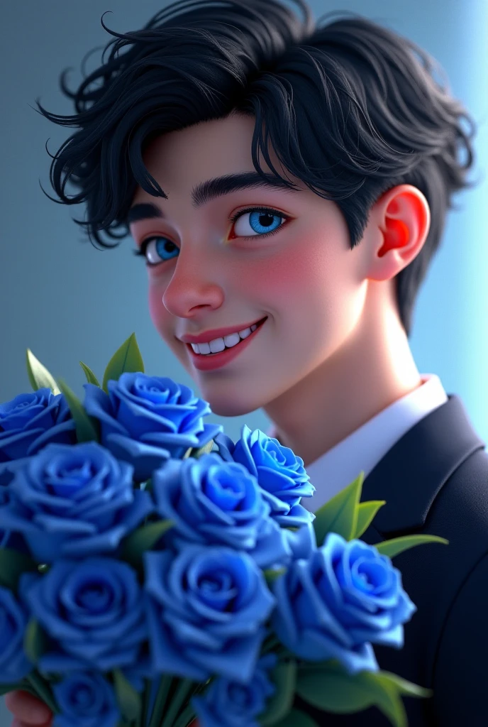 ​masterpiece、top-quality、ultra-detailliert、(male, 29 yrs old, asian brown skin tone, 60 kilograms, black hair, brown eyes, holding a bouquet of blue roses, reaching forward, A smile,Full-body standing figure,Glitter, wearing a camouflage blue hoodie, and jeans,Pixar style super cute, standing, charming, surreal, super fine, super detailed, illusory engine, 8k, Smile face. Blind box figures.