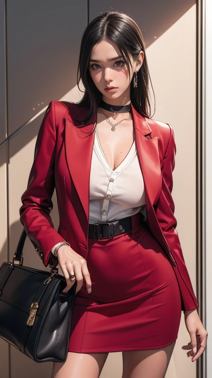 Best quality, masterpiece, ultra high res, (photorealistic:1.4), raw photo, 1girl, black hair, blue eyes,  detailed eyes and face, red suit, dynamic lighting, in the dark, deep shadow, low key, cowboy shot, full-lenght body