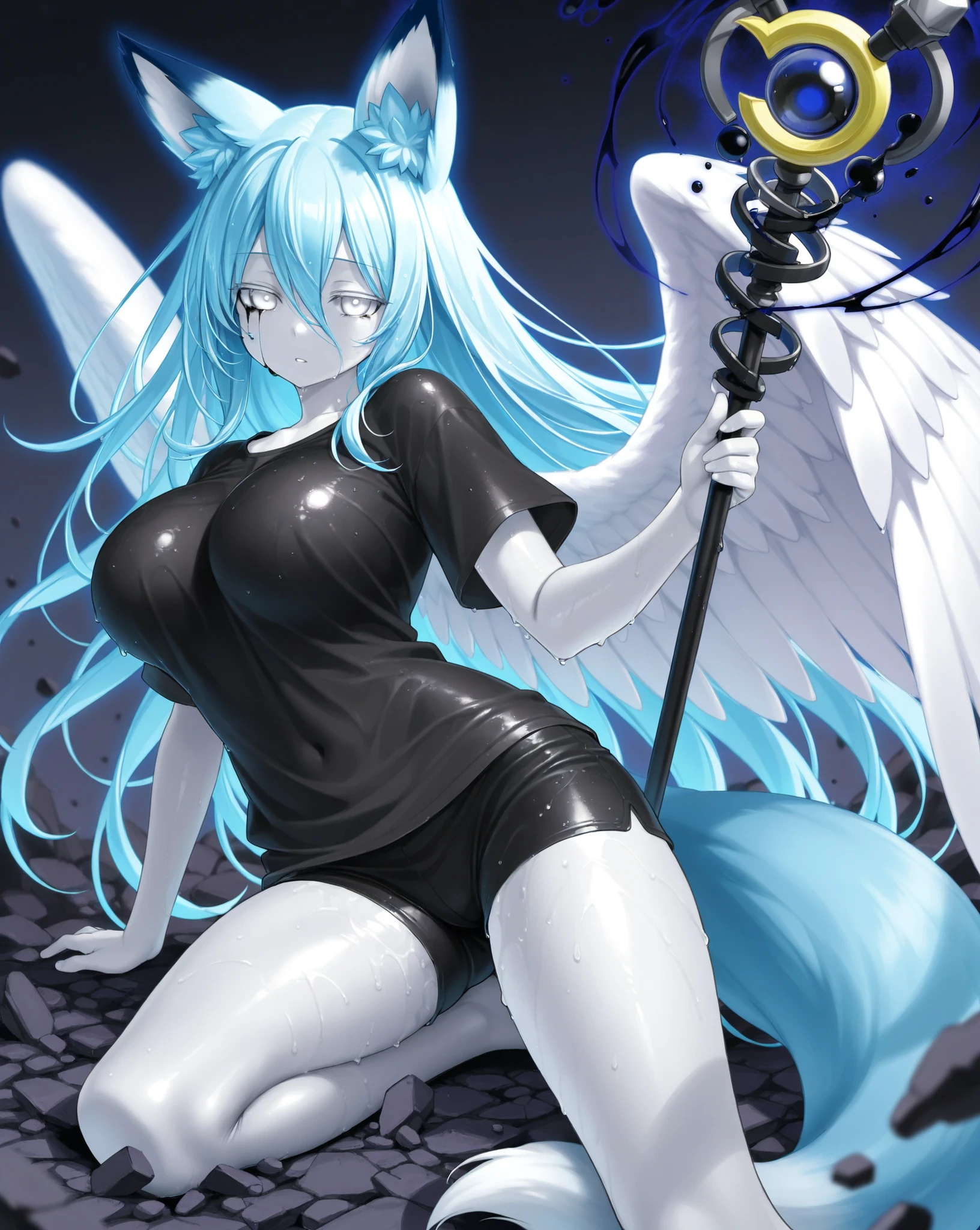 high quality,fly in the sky,Skies over the metropolis,girl,perfect anatomy,light blue hair,,nippl chest,全naked,spread legssy