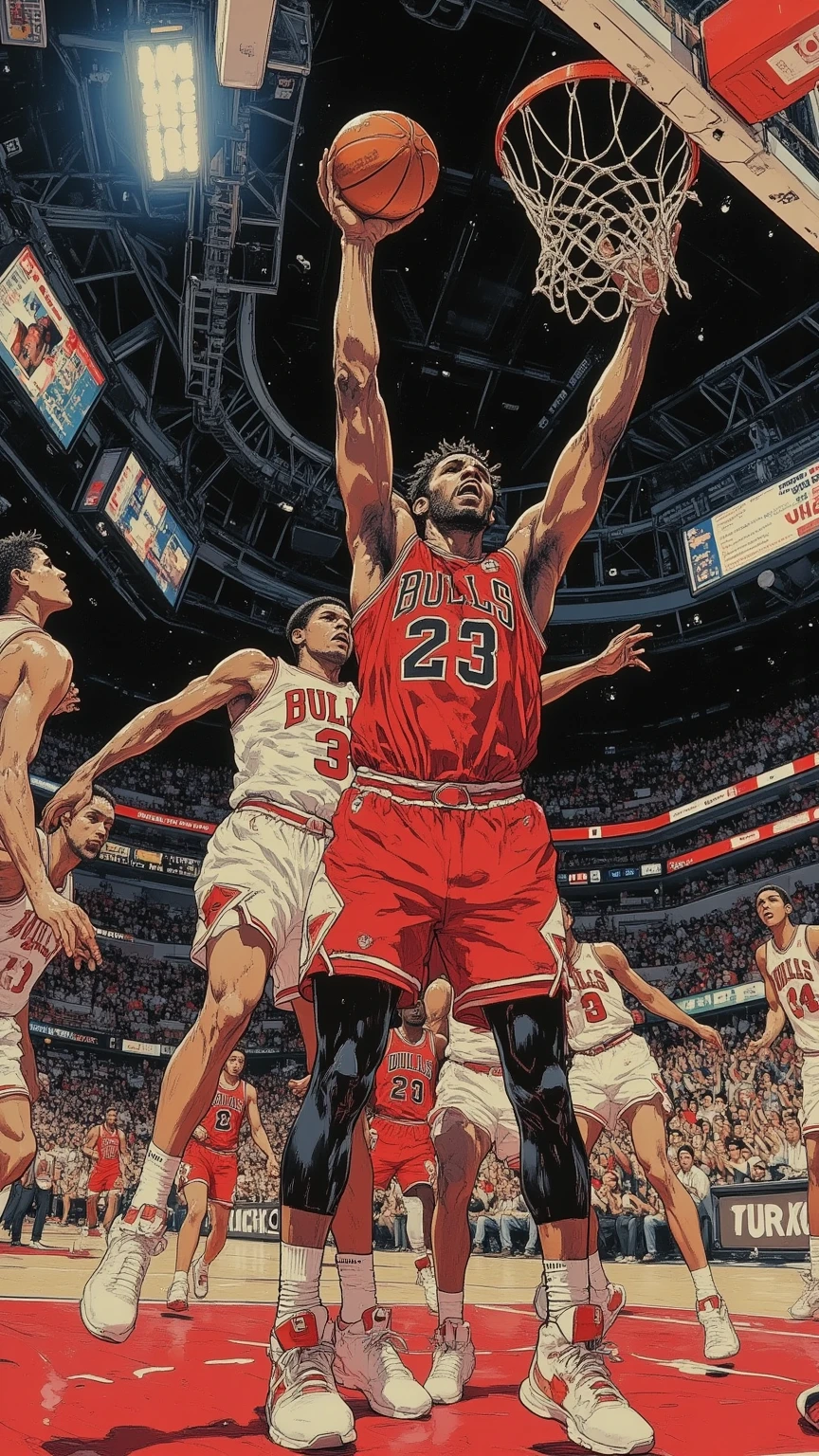 Captured from a low angle with a fisheye lens、Tall and muscular male African basketball players who decide on slam dunk, jumping high ,are placed on the ground,players hold a basketball in one hand in the air and stretch their arms toward the goal(preliminary movements for dunk shots), is the uniform (Chicago Bulls)red、white、Black and vivid,Dynamic,realistic wrinkles and movements are clearly written,background is brightly illuminated indoor basketball court,audience cheering,dramatic scene,Strong lighting,cameras that highlight players' muscles and sweat,add motion blur that emphasizes speed of movement, Anime Style ,japanese modern anime,strong lines and vivid colors, Characteristic depiction