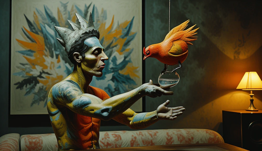 man with sticky liquid on body sit on chair with phoenix bird side