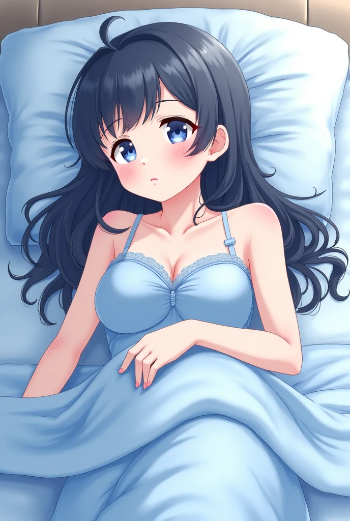 (masterpiece, best quality), 1girl, bed sheet, messy hair, unbuttoned shirt, unbuttoned shorts, blue pajamas, shiny skin,