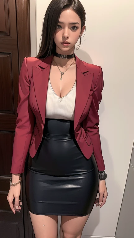best quality, 8k, very delicate and beautiful, highly detailed face and skin texture, shiny skin, high resolution, big tits beautiful red hair japanese girl in suit and tight skirt standing in front of building, grab a coffee cup, full body, sharp focus
