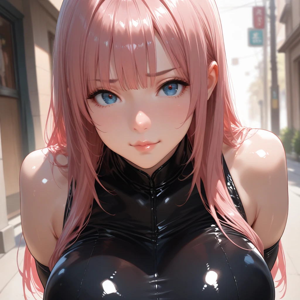 ((Upper body photo))、Cute face、Pink Hair、Long Hair、Twin tails、White skin、((Shooting from the front:1.5 ))、((Tight black leather suit:1.5)), ((Big Breasts)), Pointed nipples, masterpiece