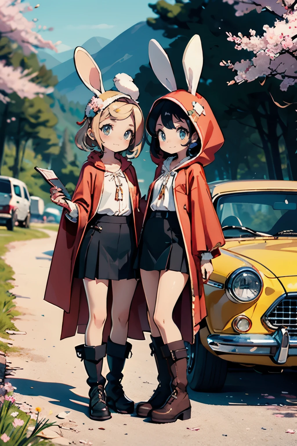 Masterpiece, best quality, ultra-detailed, Fantastic and retro atmosphere, chibi, perfect detailed face, full body,short stature,(2girls standing in front perfect small yellow retro-car), Two girls are traveling in a fantasy world. They are standing in the mountains, surrounded by cherry blossoms, looking at a map.They are wearing clothes for the trip. They have a suitcase. They have camping equipment., (fantasy world,fantastic lake), perfect bunny-ears, cloak, hood-up, frills blouse, pants or skirt, stockings,leather boots,beautiful hair, happy, looking up,front view