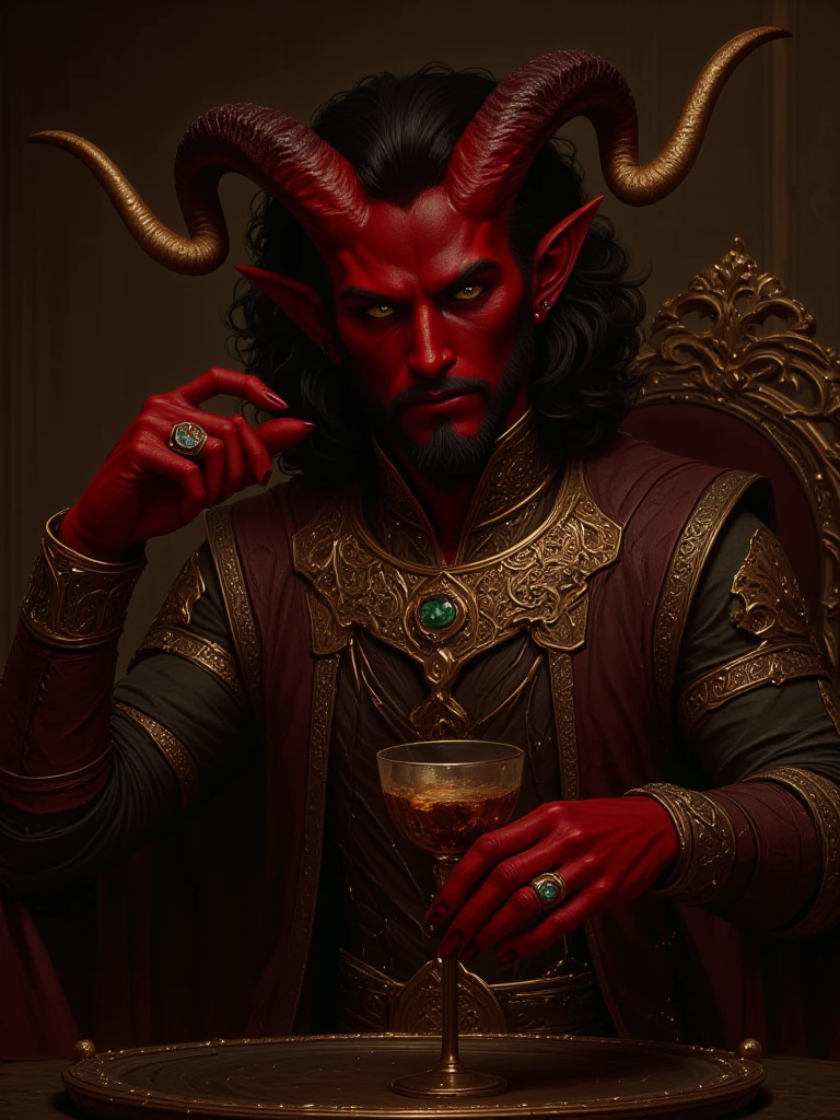 Male tiefling, red skin, black hair, medium beard, muscular body, aristocratic clothes, emerald necklace, sapphire ring, wine drinking