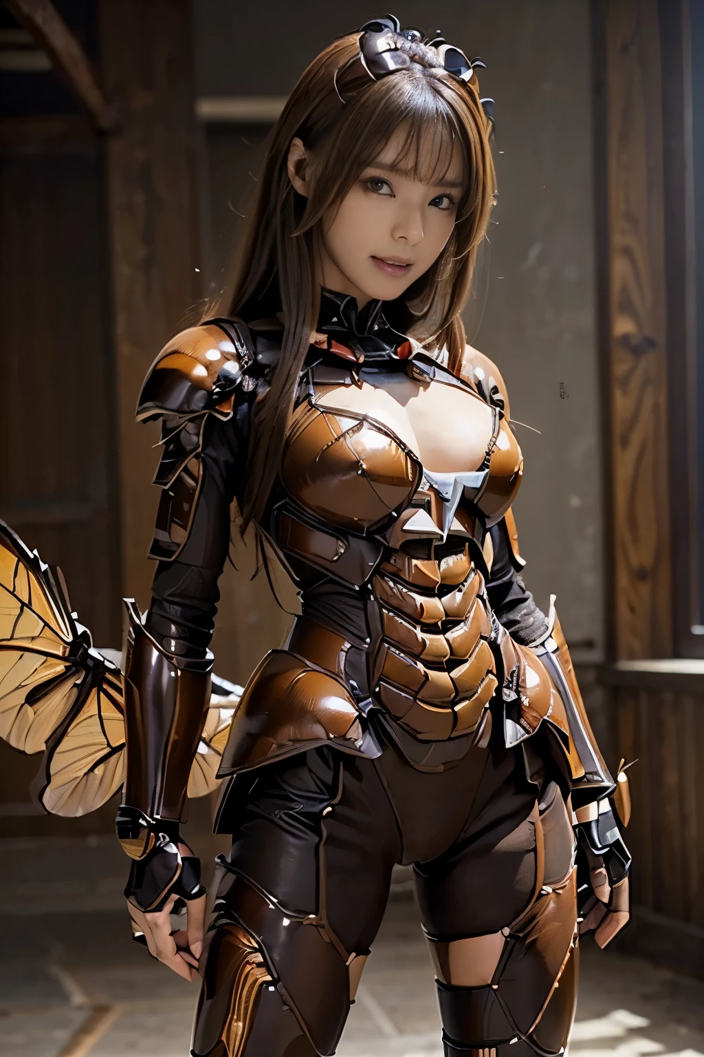 (high resolution,masterpiece,best quality,extremely detailed CG, anime, official art:1.4), realistic, photo, amazing fine details, all intricate, gloss and shiny,awesome many layers, 8k wall paper, 3d, sketch, kawaii, illustration,( solo:1.4), perfect female proportion,villainess, (fusion of dark brown cockroach and lady:1.4), (brown cockroach form lady:1.2), (brown cockroach lady:1.2), (fusion:1.2), (solo:1.4), (evil smile:1.2), muscular, abs, (cockroach brown exoskeleton bio insect suit:1.4), (cockroach brown exoskeleton bio insect armor:1.2), (brown transparency cockroach wing:1.4), (brown cockroach antennae:1.3),