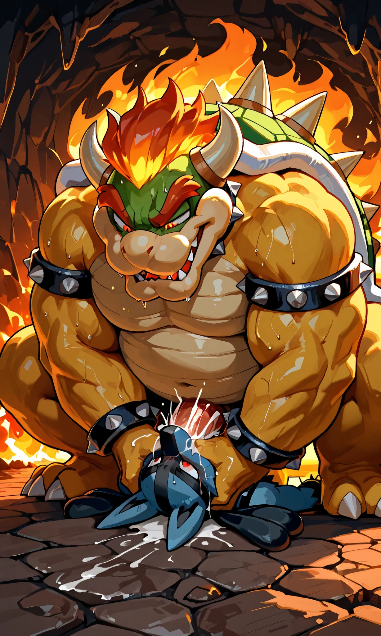 large bowser, small feral lucario, irrumatio , deepthroat,  [bowser:heavy weight bulky fat, massive strong body, wide pectoral muscles, grabbing head, evil smile, open mouth, looking down, hyper big penis, hard cumming, bodily fluid, sweaty, smelly steam, saliva trail, large semen puddle] [lucario:lying on back, forced, close eyes, mouth full, drowned in semen], motion blur, motion line, fire cave background