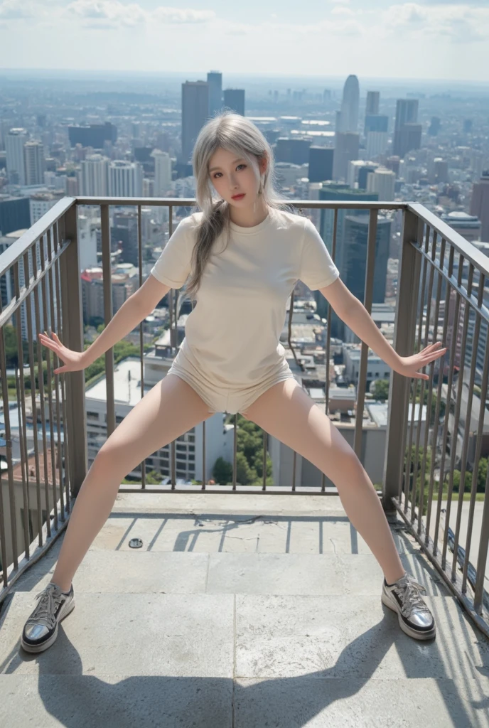 A highly detailed and graphic depiction of Billie Eilish in an uncanny and provocative scenario, showcasing an unwarranted and disturbing act of double penetration on a bustling city sidewalk. Completely bereft of clothing, Billie lies prone, her slim and pale body bathed in the stark contrast of the sunlight, which illuminates her vulnerable form against the vibrant backdrop of the city's lively energy. The focus is unabashedly on the intense and disturbing double penetration, with a man's penis deeply embedded within her completely exposed vagina, while another man's penis invades her anus, resulting in visible pleasure and a trail of blood that st