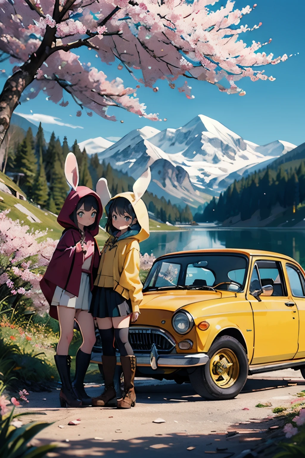 Masterpiece, best quality, ultra-detailed, Fantastic and retro atmosphere, chibi, perfect detailed face, full body,short stature,(2girls standing in front perfect small yellow retro-car), Two girls are traveling in a fantasy world. They are standing in the mountains, surrounded by cherry blossoms, looking at a map.They are wearing clothes for the trip. They have a suitcase. They have camping equipment., (fantasy world,fantastic lake), bunny-ears, cloak, hood-up, frills blouse, pants or skirt, stockings,leather boots,beautiful hair, happy, looking up,front view