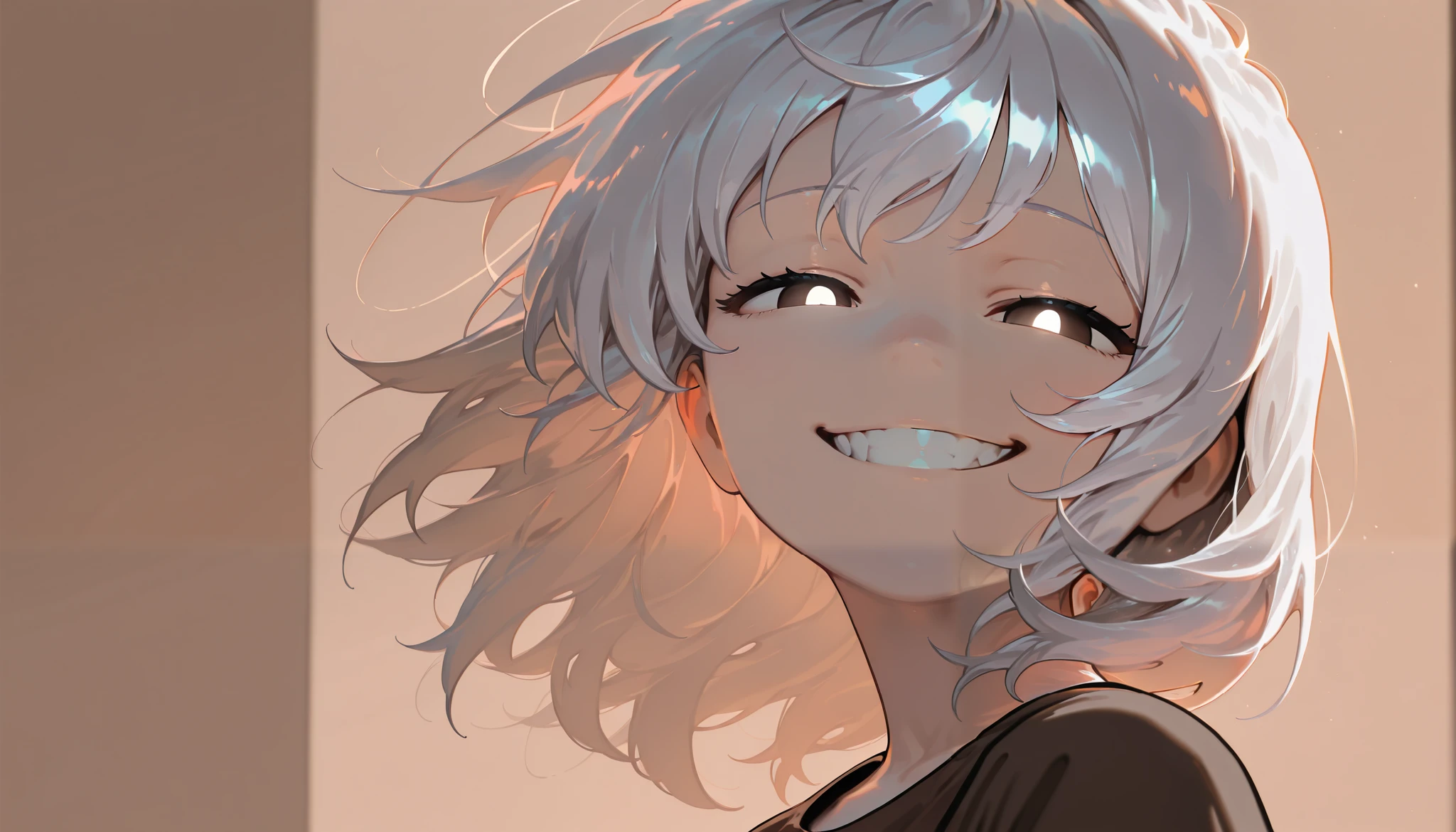 Masterpiece, top quality, GREAT QUALITY, latest, beautiful lighting, cinematic angle, 1 girl, simple eyes, silver hair, grin, watching viewers, upper body, ONE COLOR BACKGROUND, SIMPLE BROWN BACKGROUND, standing, character design style, no text