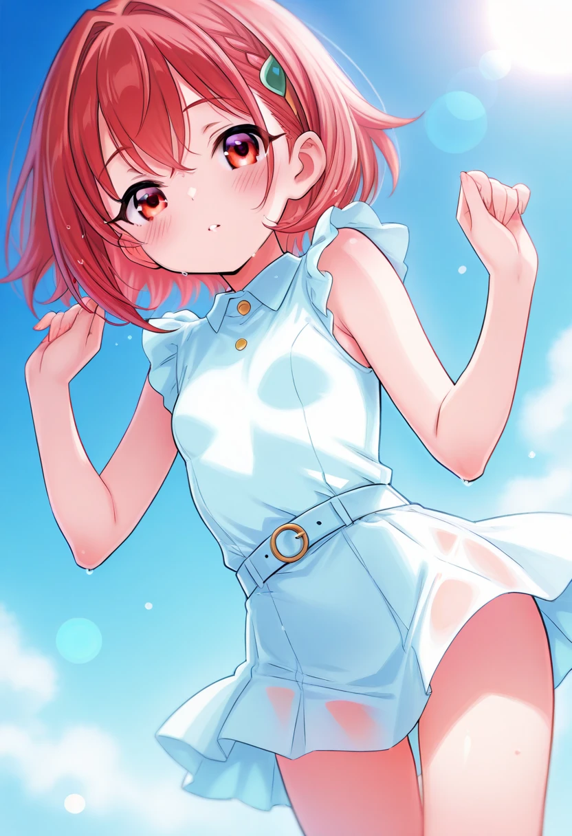 Let’s think step by step,Highest quality, masterpiece, Ultra-high resolution, 8k, Summer sky, early summer, (((Summer clothing)), Show anime style , One, Soft Line Art, Digital Enhancement, shojo anime touch, shojo manga core, Flowing fabric, close, Soft Drawing, Ultra-Definition Digital Anime Art, Clear facial depiction, Super detailed girl cartoon character art, Ultra-detailed manga style, Highest qualityの色, (Short brown hair)), Wet Hair, Staring at us from the front, Beautiful brown hair, Clear brown eyes, Slightly chubby,Small breasts,The butt is small,(((Charming smile)) , Landscape with nature, Look up at the sky, Face close-up