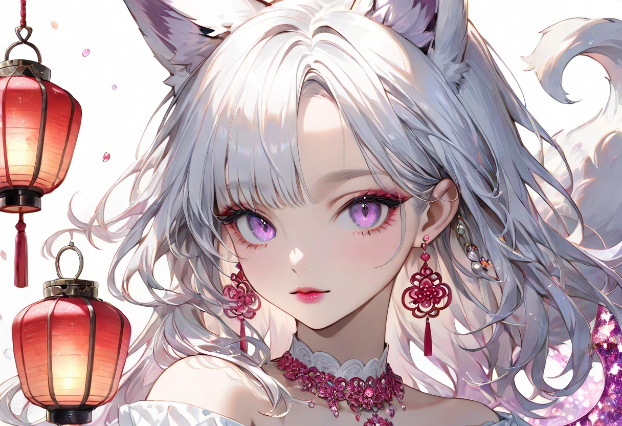 Silver hair, pink eyes, older woman, red pink clothes, hair jewel ornament, cat ears, necklace, long hair, smiling face, upper body